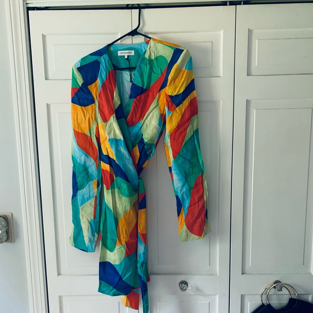 We Wore What Cowl Front Satin Dress in an Abstract Watercolor print